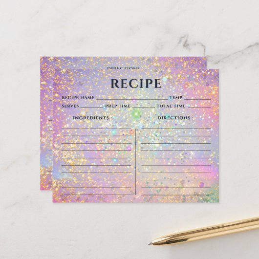 Elegant holographic Gold Pink Glitter Recipe Kaart (Voorkant / Achterkant in situ)