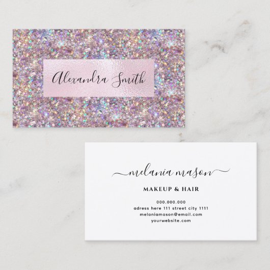 Elegant Holographic Paars Glitter Makeup Artist Visitekaartje (Voorkant / Achterkant)