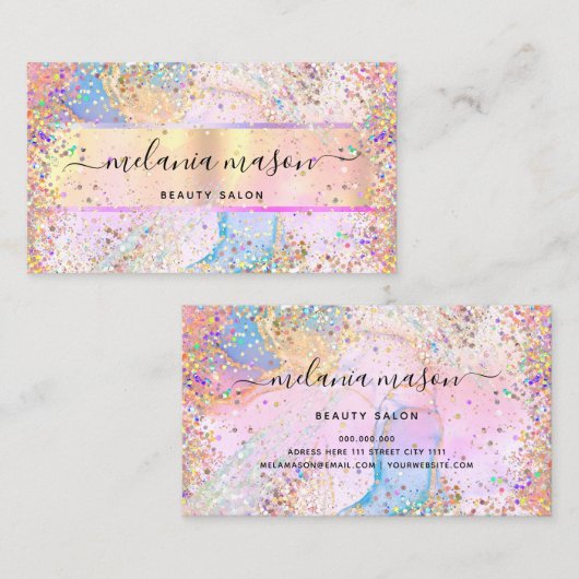 Elegant holographic Pastel Confetti Glitter Gold Visitekaartje (Voorkant / Achterkant)
