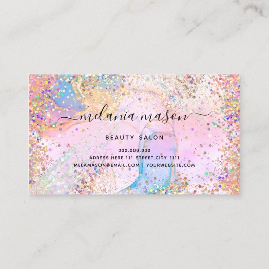 Elegant holographic Pastel Confetti Glitter Gold Visitekaartje (Achterkant)
