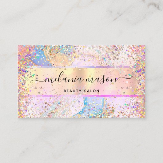 Elegant holographic Pastel Confetti Glitter Gold Visitekaartje (Voorkant)