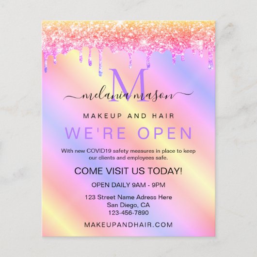 Elegant holographic Pink Unicorn Glitter Salon Flyer (Voorkant)