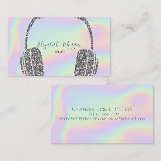 Elegant Holographic Silver Glitter Headphone DJ Visitekaartje (Voorkant / Achterkant)