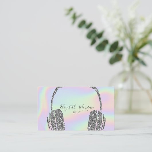 Elegant Holographic Silver Glitter Headphone DJ Visitekaartje (Staand voorkant)
