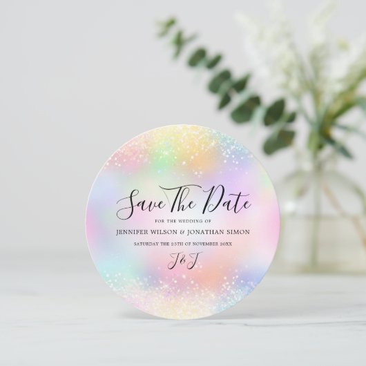 Elegant Holographic Sparkles Glitter Dust Chic Save The Date (Staand voorkant)