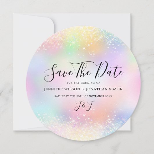 Elegant Holographic Sparkles Glitter Dust Chic Save The Date (Voorkant)