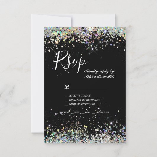 Elegant holographic Sparkly Glitter Black Modern RSVP Kaartje (Voorkant)