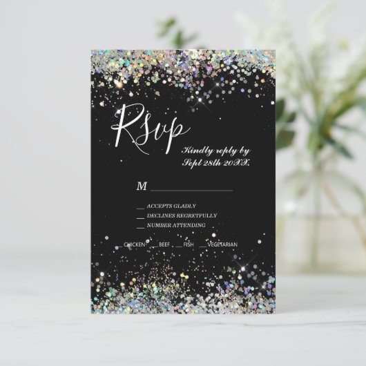Elegant holographic Sparkly Glitter Black Modern RSVP Kaartje (Staand voorkant)