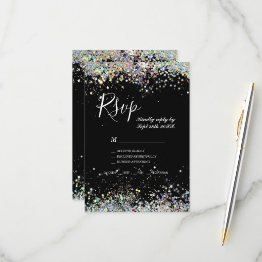 Elegant holographic Sparkly Glitter Black Modern RSVP Kaartje (Voorkant / Achterkant in situ)