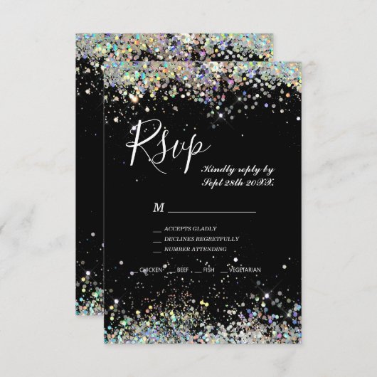 Elegant holographic Sparkly Glitter Black Modern RSVP Kaartje (Voorkant / Achterkant)