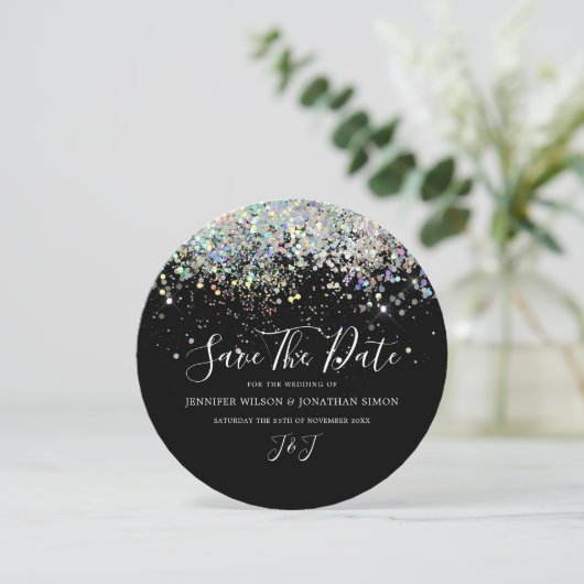 Elegant holographic Sparkly Glitter Black Modern Save The Date (Staand voorkant)