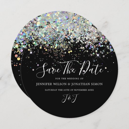 Elegant holographic Sparkly Glitter Black Modern Save The Date (Voorkant / Achterkant)