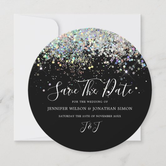 Elegant holographic Sparkly Glitter Black Modern Save The Date (Voorkant)