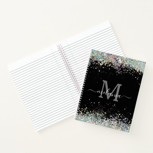Elegant Holographic Sparkly Glitter Black Monogram Notitieboek (Binnen)