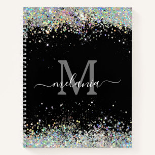 Elegant Holographic Sparkly Glitter Black Monogram Notitieboek