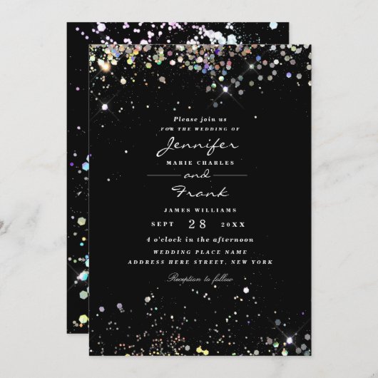 Elegant Holographic Sparkly Glitter Black Wedding Kaart (Voorkant / Achterkant)