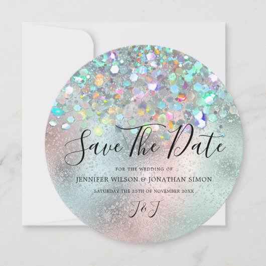 Elegant holographic Sparkly Glitter Modern Blue Save The Date (Voorkant)