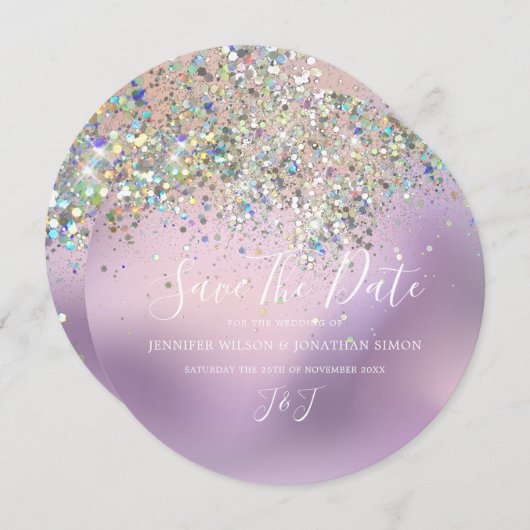 Elegant holographic Sparkly Glitter Modern Pastel Save The Date (Voorkant / Achterkant)