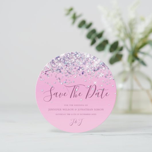 Elegant holographic Sparkly Glitter Modern Roze Save The Date (Staand voorkant)