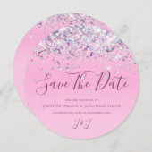 Elegant holographic Sparkly Glitter Modern Roze Save The Date (Voorkant / Achterkant)