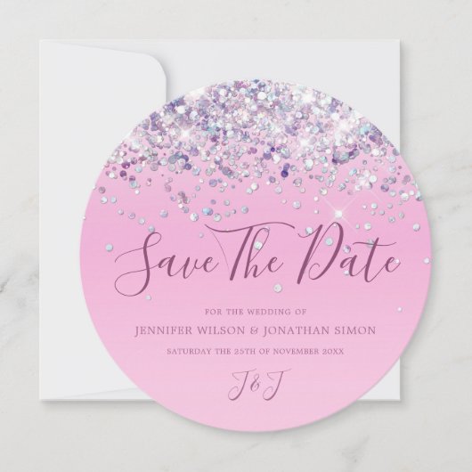 Elegant holographic Sparkly Glitter Modern Roze Save The Date (Voorkant)