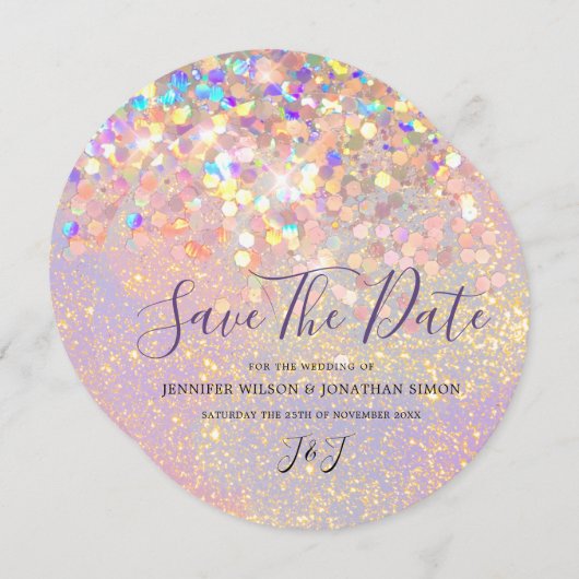 Elegant holographic Sparkly Glitter Modern Roze Save The Date (Voorkant / Achterkant)