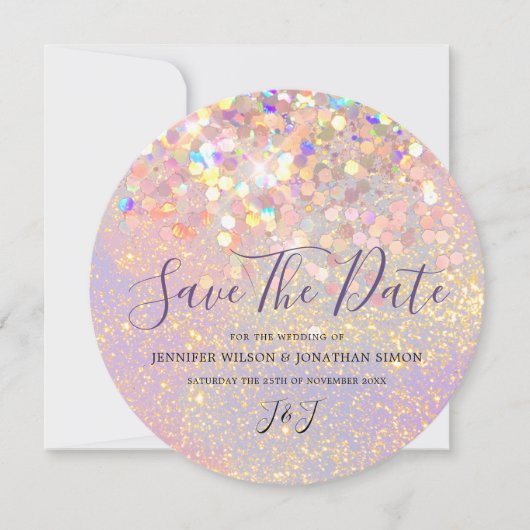 Elegant holographic Sparkly Glitter Modern Roze Save The Date (Voorkant)
