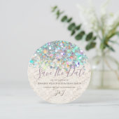 Elegant holographic Sparkly Glitter Moderne Ivory Save The Date (Staand voorkant)