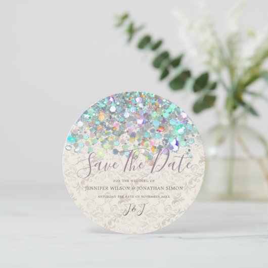 Elegant holographic Sparkly Glitter Moderne Ivory Save The Date (Staand voorkant)