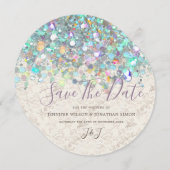 Elegant holographic Sparkly Glitter Moderne Ivory Save The Date (Voorkant / Achterkant)