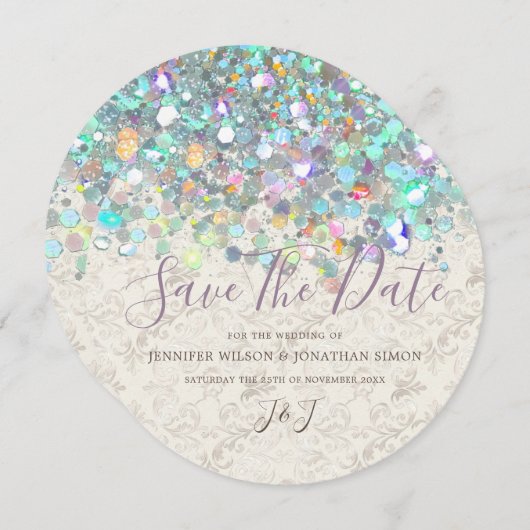 Elegant holographic Sparkly Glitter Moderne Ivory Save The Date (Voorkant / Achterkant)