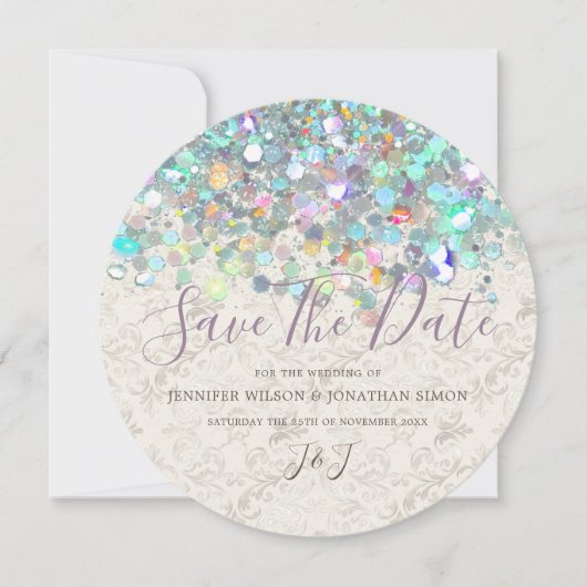 Elegant holographic Sparkly Glitter Moderne Ivory Save The Date (Voorkant)