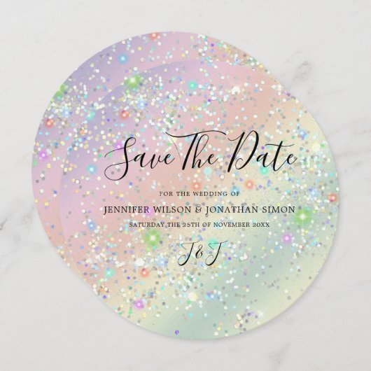 Elegant holographic Sparkly Glitter Pastel Modern Save The Date (Voorkant / Achterkant)
