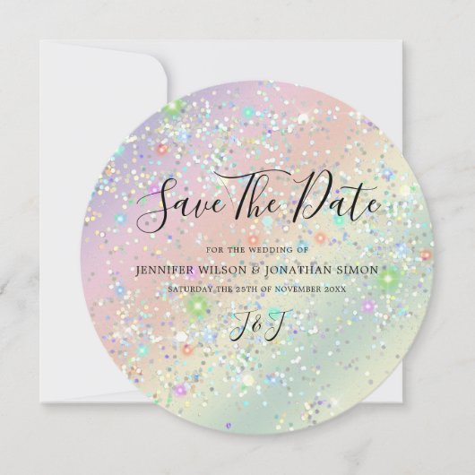 Elegant holographic Sparkly Glitter Pastel Modern Save The Date (Voorkant)