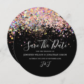 Elegant holographic Sparkly Pink Glitter Black Save The Date (Voorkant / Achterkant)