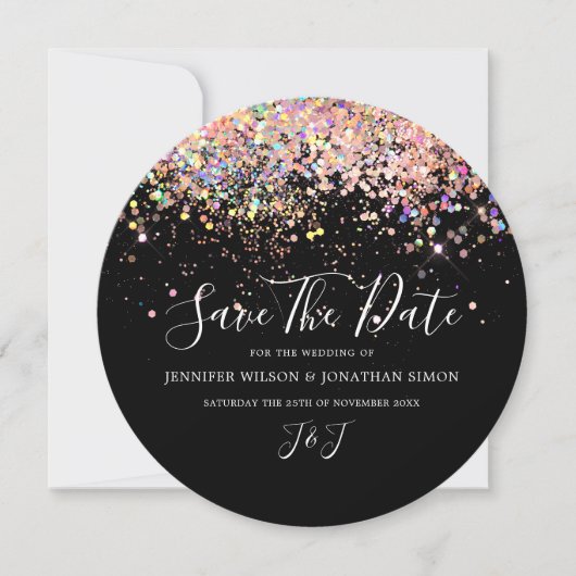 Elegant holographic Sparkly Pink Glitter Black Save The Date (Voorkant)