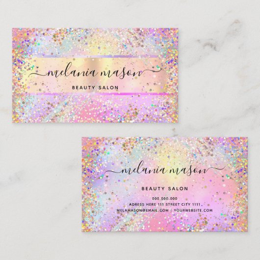 Elegant Holographic Unicorn Confetti Glitter Gold Visitekaartje (Voorkant / Achterkant)