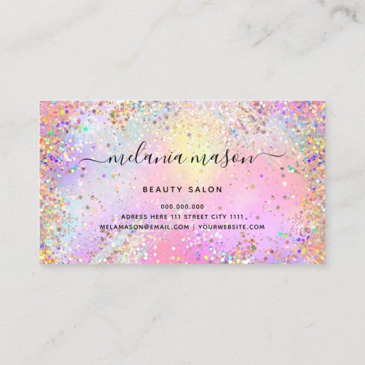 Elegant Holographic Unicorn Confetti Glitter Gold Visitekaartje (Achterkant)