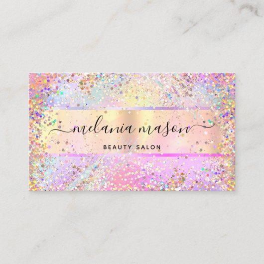 Elegant Holographic Unicorn Confetti Glitter Gold Visitekaartje (Voorkant)