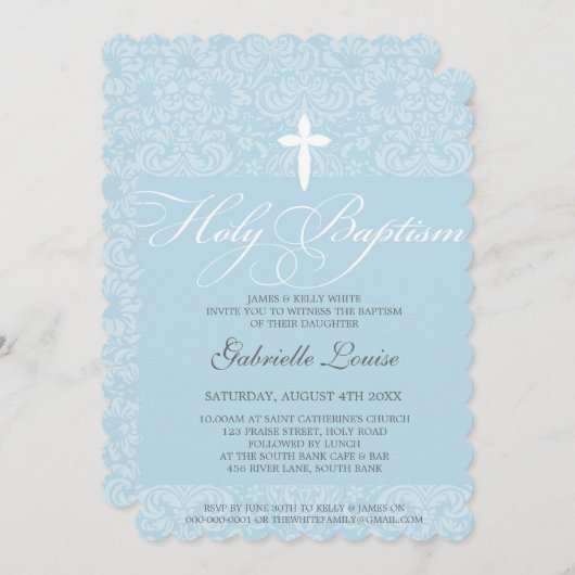 ELEGANT HOLY BAPTISM stijlvol damast script blauw Kaart (Voorkant / Achterkant)
