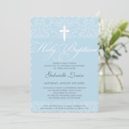 ELEGANT HOLY BAPTISM stijlvol damast script blauw Kaart (Staand voorkant)