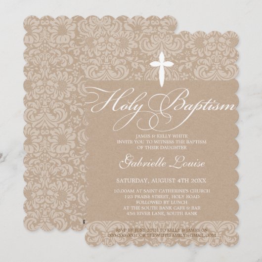 ELEGANT HOLY BAPTISM stijlvol damast script kraft Kaart (Voorkant / Achterkant)