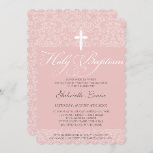 ELEGANT HOLY BAPTISM stijlvol damast script roze Kaart (Voorkant / Achterkant)