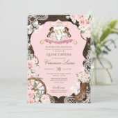 Elegant Horse Crest Rustic Pink Charro Quinceanera Kaart (Staand voorkant)