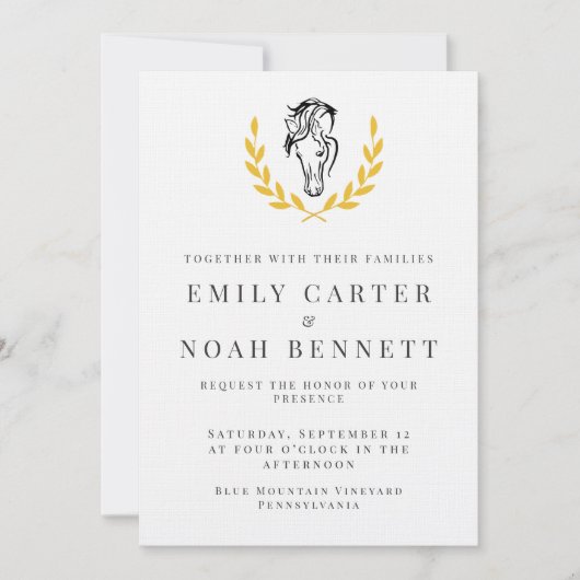 Elegant Horse Crest Wedding Invitation with Laurel Kaart (Voorkant)