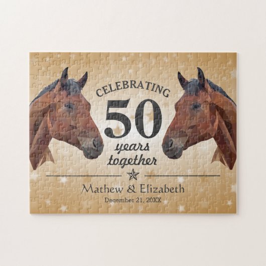Elegant Horse Custom Gold 50th Wedding Jubileum Legpuzzel (Horizontaal)