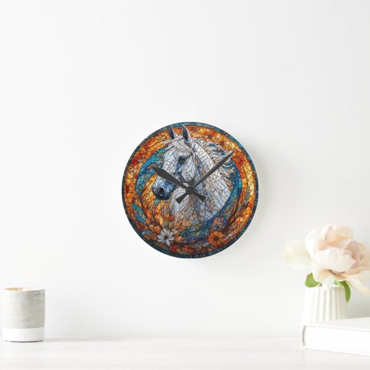 Elegant Horse Glas in lood Portret Ronde Klok (Huis)