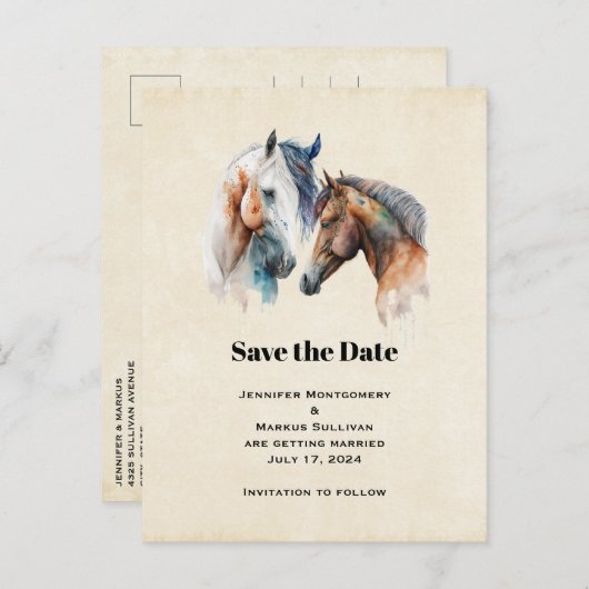 Elegant Horses Western Boho Wedding Save the Date Uitnodiging Briefkaart (Voorkant / Achterkant)