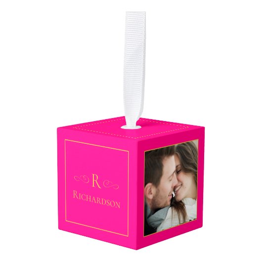 Elegant Hot Pink 3 Foto Custom Kerstmis Decoratie (Voorkant hoekig)