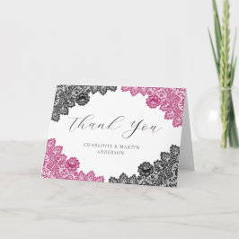 Elegant Hot Pink and Black Floral Lace Wedding Bedankkaart